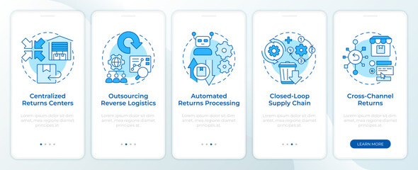Reverse logistics strategies blue onboarding mobile app screen. Walkthrough 5 steps editable graphic instructions with linear concepts. UI, UX, GUI template. Montserrat SemiBold, Regular fonts used