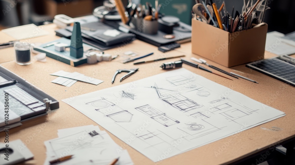Poster architectural workspace with sketches and design tools