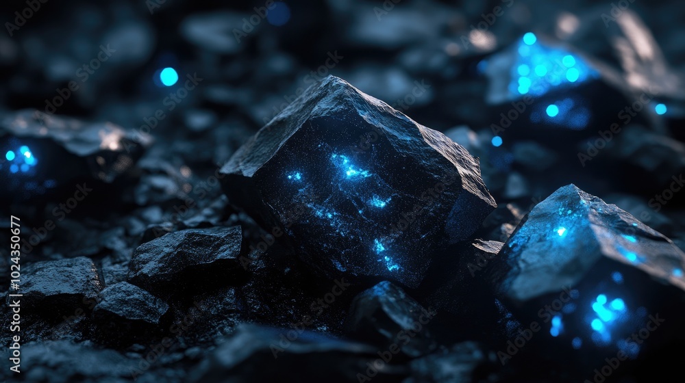 Poster Black and blue stones with light reflecting edges illuminated at night featuring a bokeh effect in a 3D render