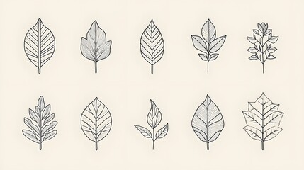 Fototapeta premium A Collection of Eight Line Drawings of Leaves and Branches