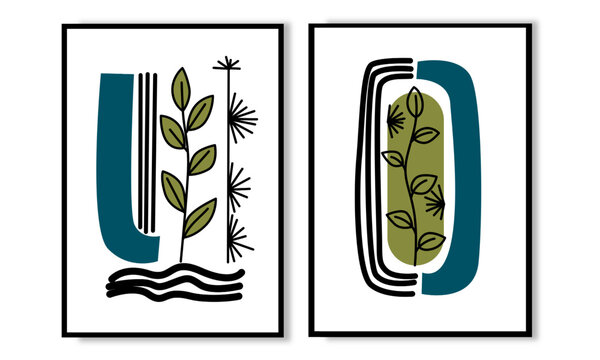 Set of two abstract modern line art flower wall art collection