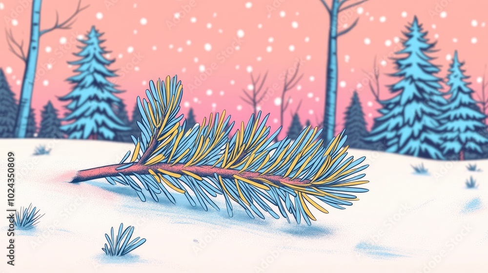 Poster close up of spruce branch with small green needles beneath fresh white snow with a blurry winter for