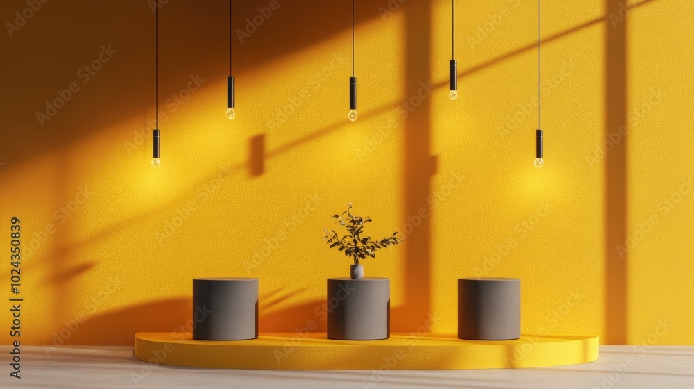 Aufkleber 3D representation of three podiums set against a yellow backdrop with suspended lighting for a product display setup