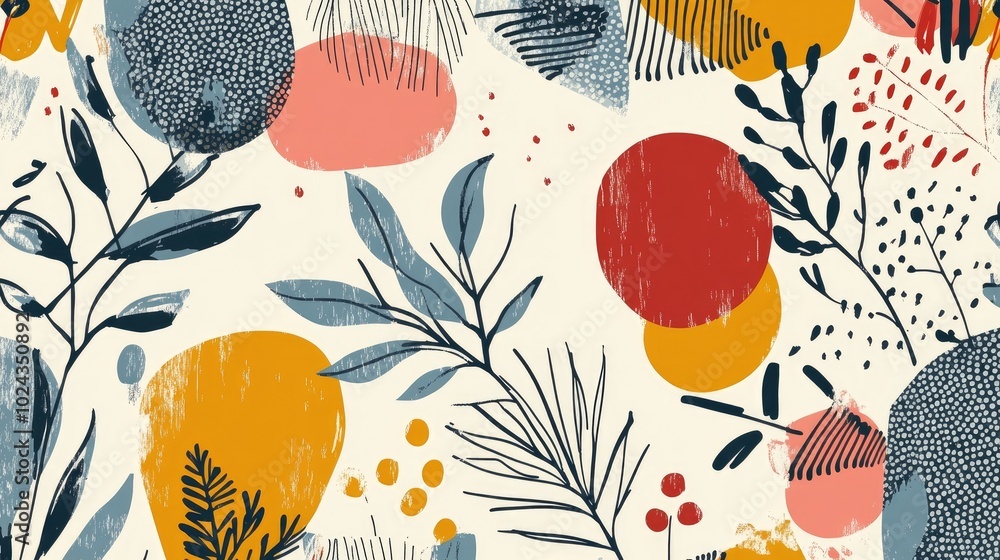 Poster abstract doodle design featuring hand drawn geometric shapes and whimsical foliage with floral eleme