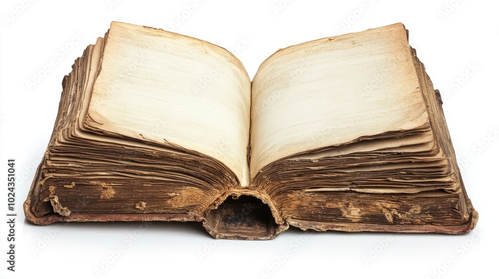 Aufkleber an old book with blank pages open and isolated on a white background