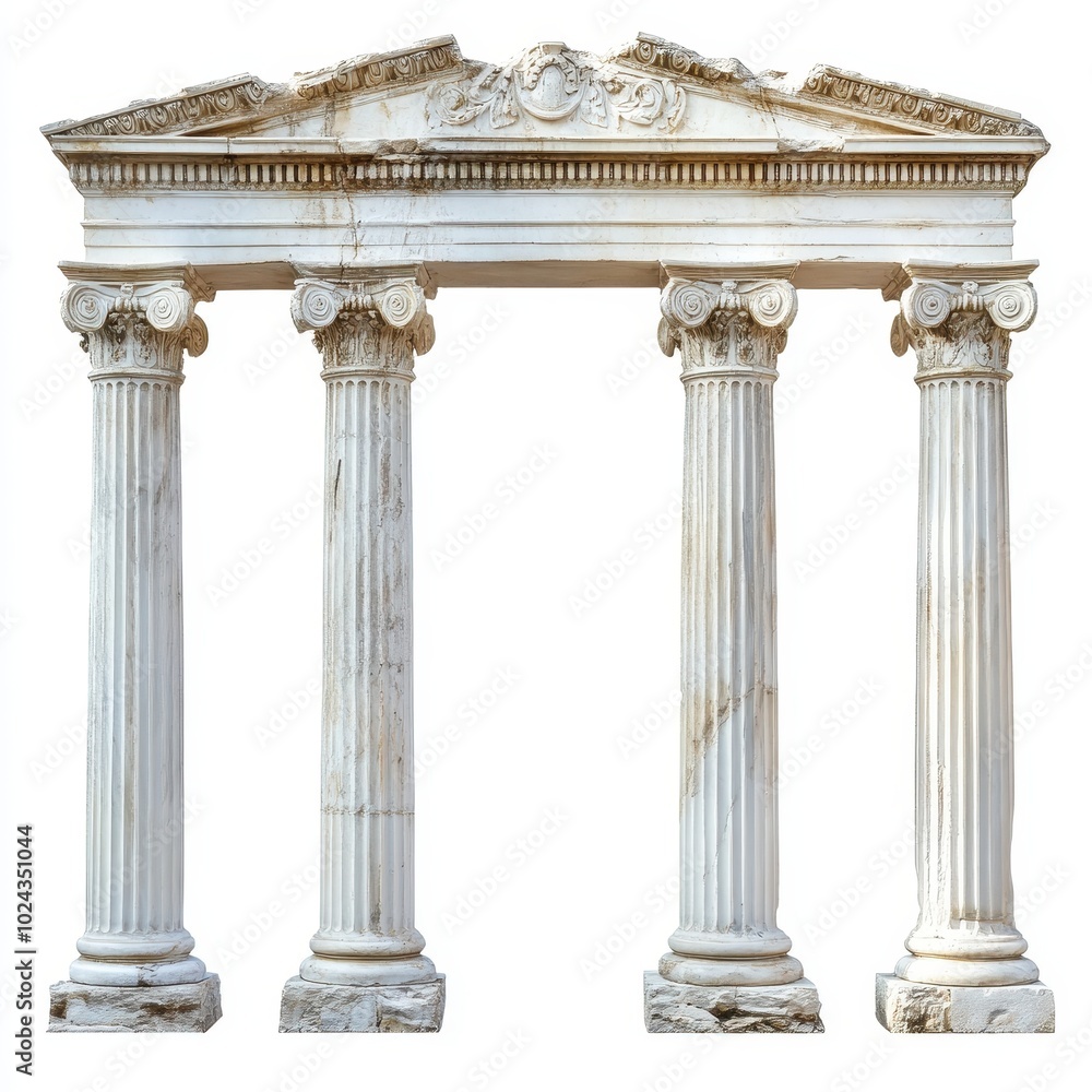 Poster a classical architectural structure featuring four columns and intricate detailing.