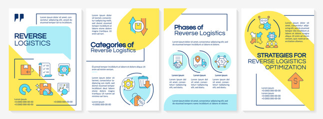 Naklejka premium Reverse logistics yellow and blue brochure template. Leaflet design with linear icons. Editable 4 vector layouts for presentation, annual reports. Questrial, Lato-Regular fonts used