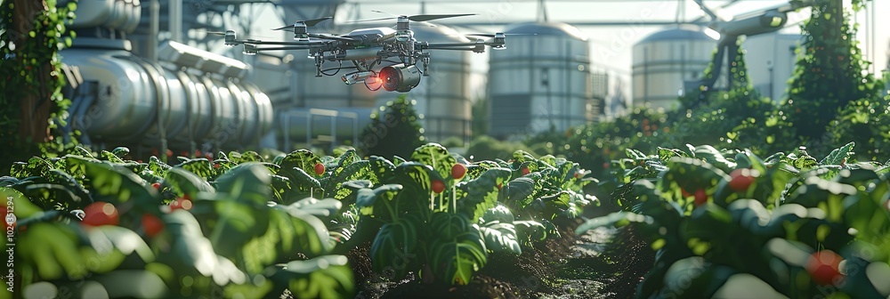 Poster Drones and robots equipped with sensors analyze and manage crops in a modern agricultural setting, enhancing farming efficiency. Generative AI