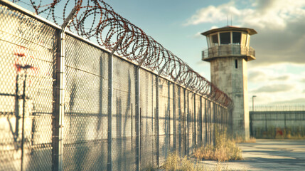 Obraz premium A high-security prison entrance with a barbed wire fence and imposing guard tower under a cloudy sky at dusk