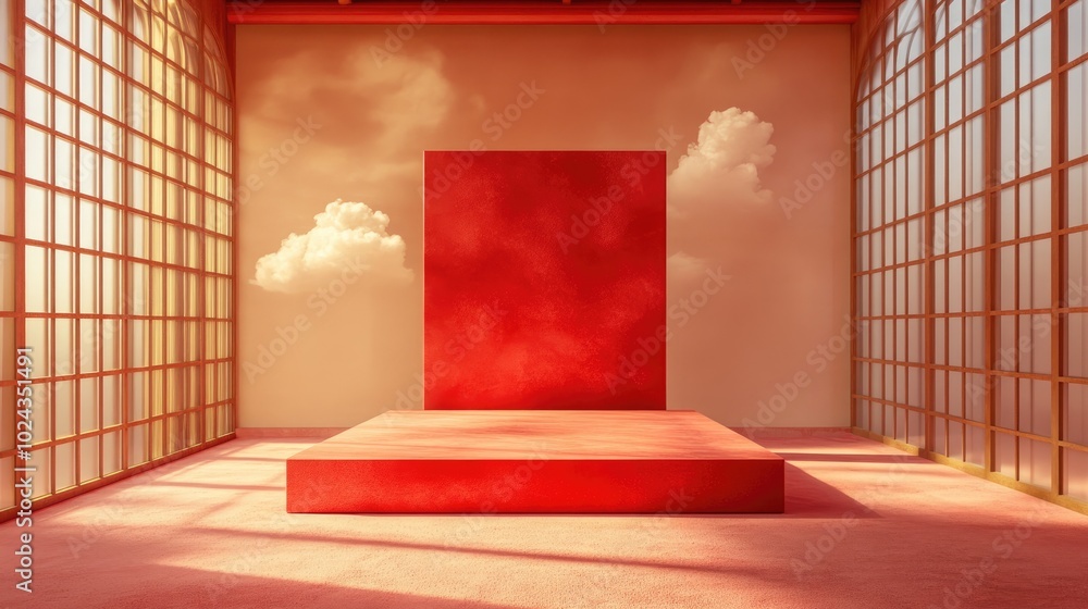 Aufkleber 3D rendering of a red cube podium in an empty studio serving as a product background and template mockup for romantic displays featuring a geometric square shape