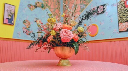 Close up of a flower arrangement in shades of red presented in a gold stand on a table