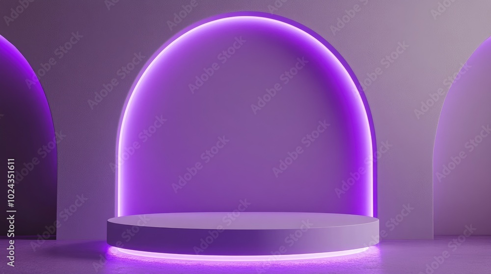 Poster 3d mock up podium set in a purple empty space featuring arches and neon lilac illumination contempor