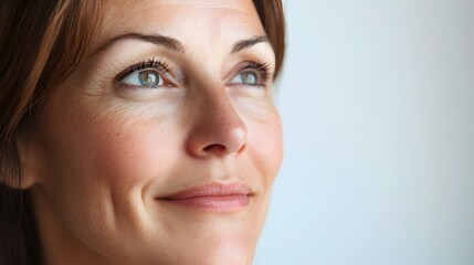 Obraz premium 8. A mature woman with a contemplative expression, gently smiling while looking off-camera, against a clean white background.