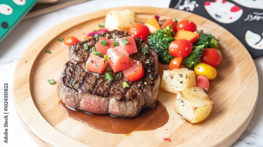 Poster beefsteaks with boiled potatoes and assorted vegetables