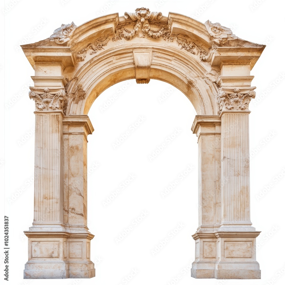 Poster a classical stone archway featuring intricate carvings and columns.