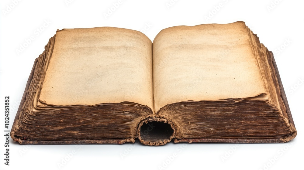 Aufkleber an old book with blank pages open and isolated on a white background