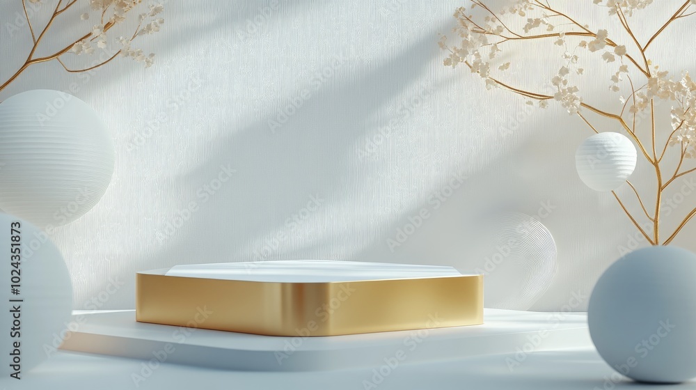 Aufkleber 3D rendering of a white and gold square podium against a white backdrop with geometric shapes Minimalist product presentation mock up showcase