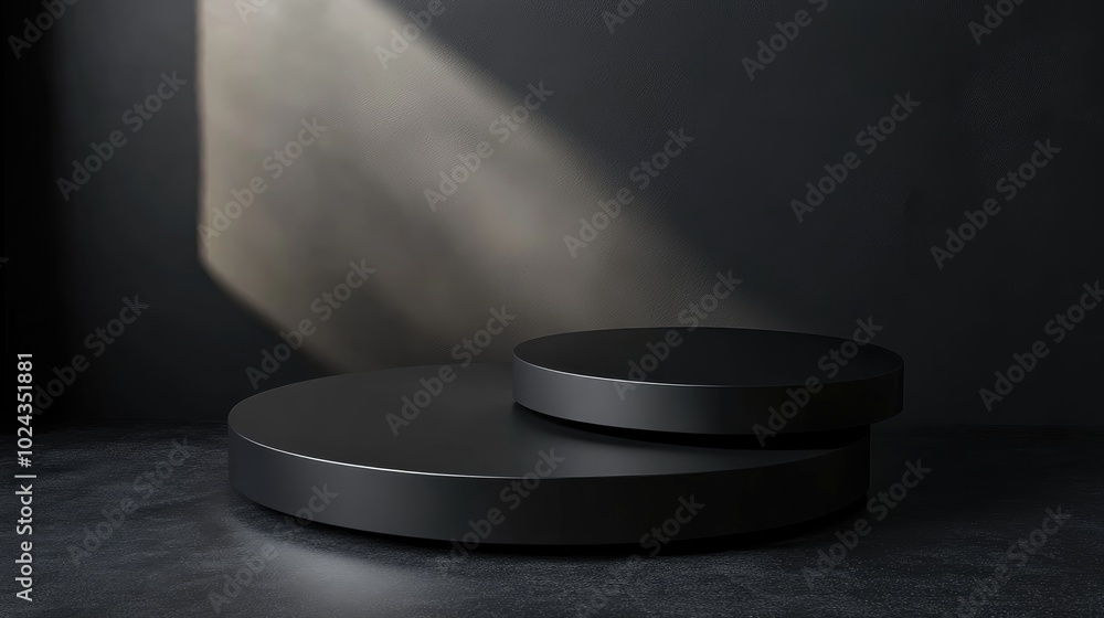 Poster 3D render of a minimalist round matte black table top set against a dark backdrop with a spotlight ideal for showcasing men s products Space for templates presentations and exhibitions