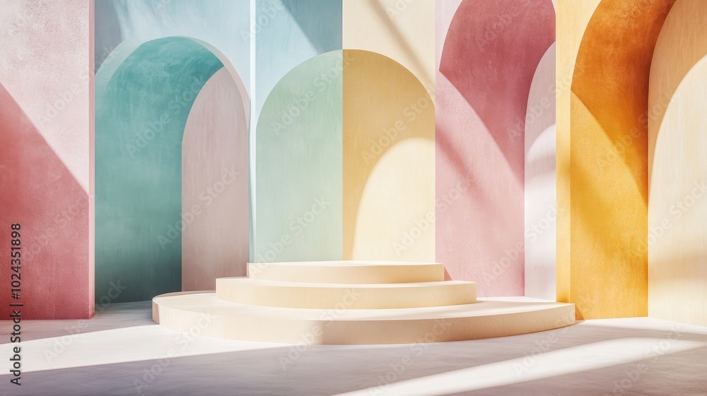 Aufkleber Abstract geometric shapes in pastel colors create a minimal scene ideal for cosmetic or product display podium in 3D render