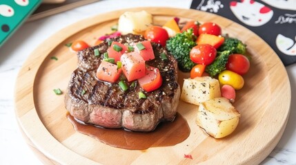 Beefsteaks with boiled potatoes and assorted vegetables