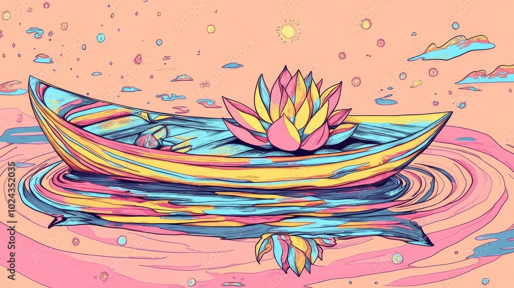 Poster boat and lotus floating in a reflective pond