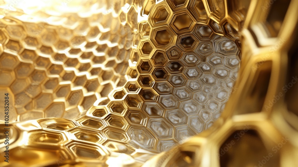 Poster Abstract hexagonal texture in gold tones Fractal design Surreal digital artwork Three dimensional rendering