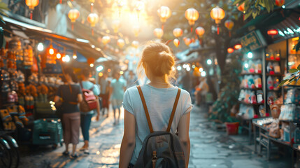 Fototapeta premium Backpacker Walking Through City Street 