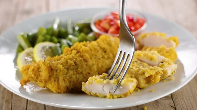 Plate of crispy fried chicken with vegetable salad and a fork. Ideal for comfort food and balanced meals