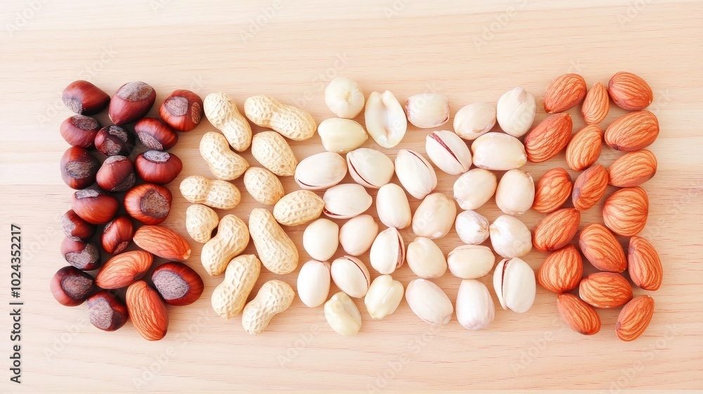 Poster assorted nuts viewed from above on wooden surface