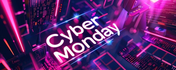 Futuristic Cyber Monday digital sale with neon lights and circuit design