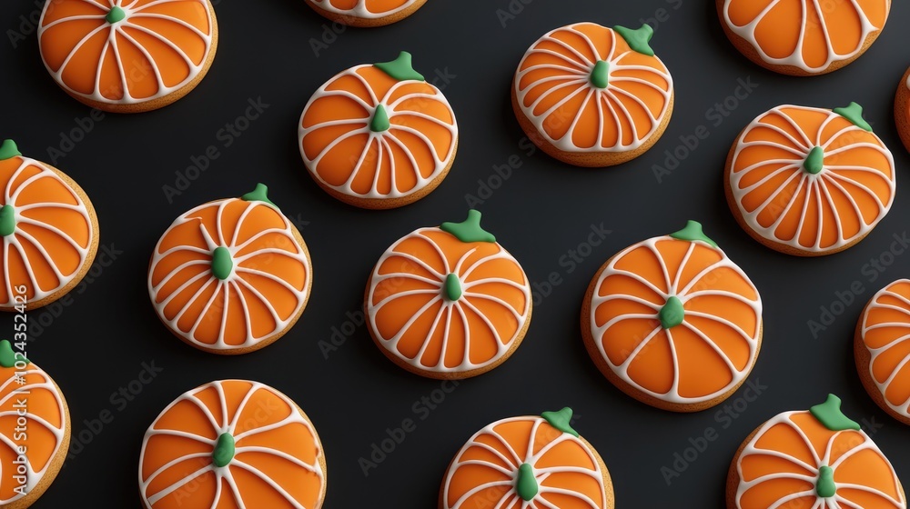 Poster 3d illustration of decorated pumpkin cookies on a dark background arranged in a flat lay style