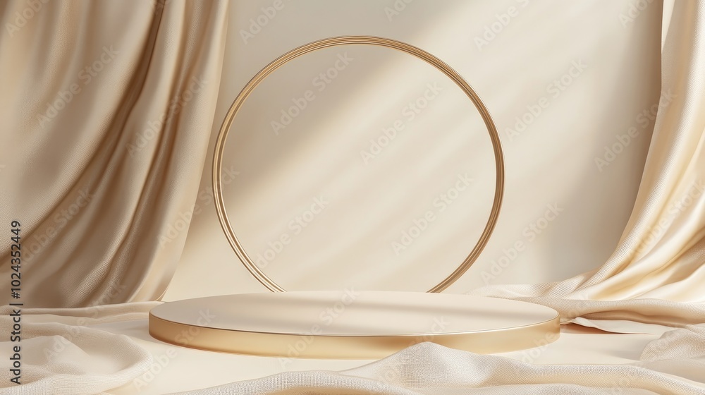 Poster 3d rendering of a circular podium with gold accents on textured fabric ideal for showcasing luxury c