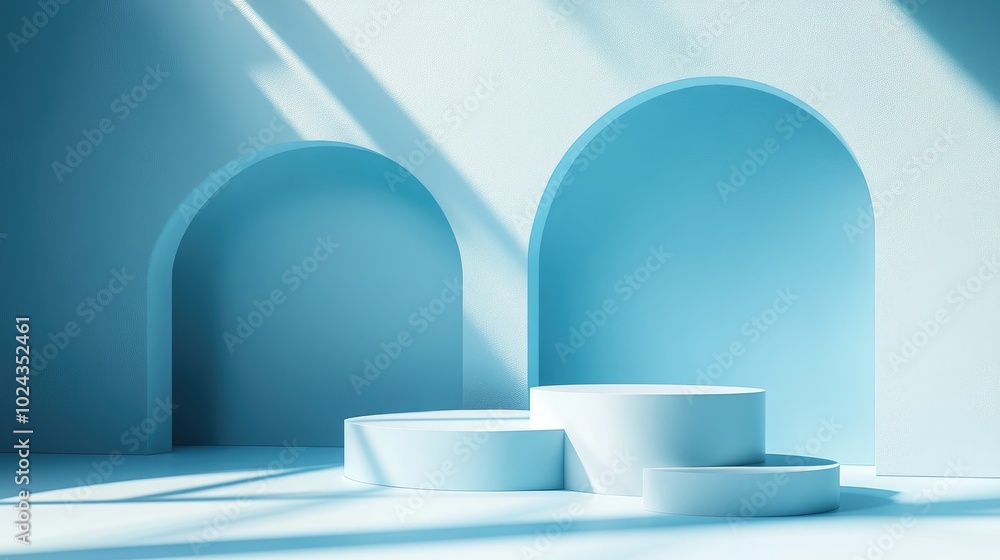 Poster 3D rendered abstract blue backdrop featuring an empty stage with cylindrical podium steps and a vacant pedestal Ideal for showcasing products with ample copy space in a premium minimal design insp