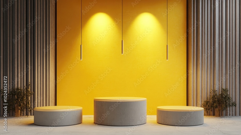Aufkleber 3D representation of three podiums set against a yellow backdrop with suspended lighting for a product display setup