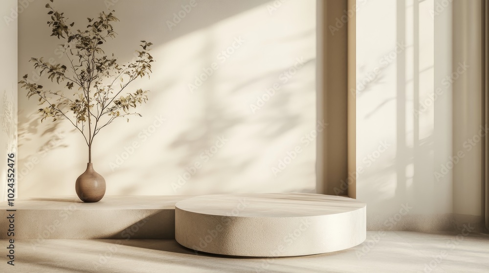 Poster 3D Render of a soft colored podium in a minimalist studio setting featuring a round pedestal and ample copy space for product presentation