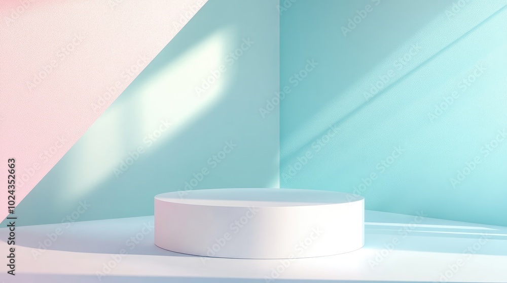Poster 3d abstract studio space featuring a pedestal podium a white geometric platform accented by pastel b