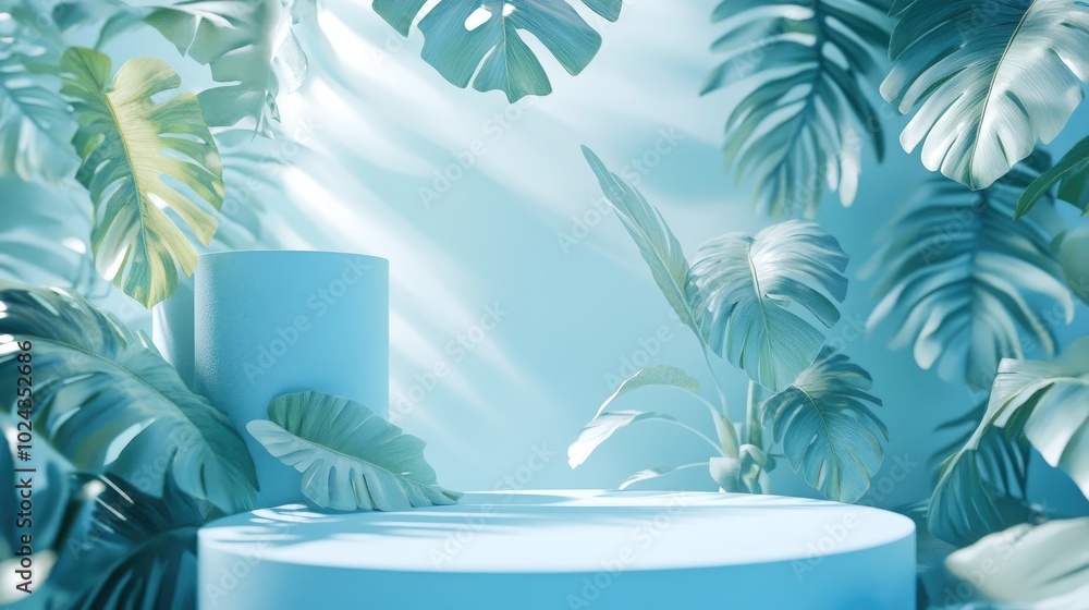 Poster 3d render of an abstract podium display featuring tropical leaves and a blue pastel plant scene conc