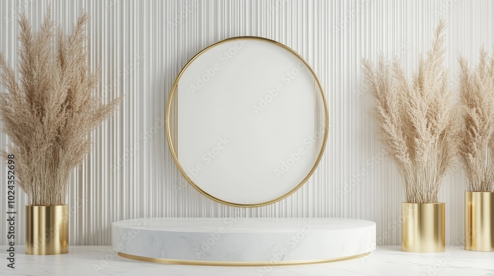 Poster Clean white and gold product pedestal on a white background featuring a gold frame and a memorial board Abstract minimal concept with blank space and a luxurious mockup 3D render