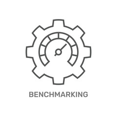 The image shows a gear with a speedometer inside, representing Benchmarking. It symbolizes evaluating performance by comparing it to standards or best practices in business and technology.