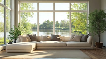 Serene Lakeside Living Room with Panoramic Views