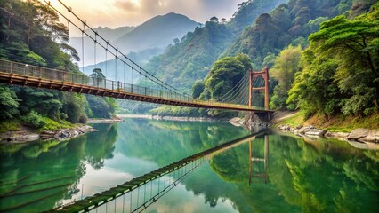 Fototapeta premium Suspension bridge over river in Taiwan with shallow depth of field