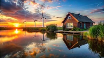 Fototapeta premium Sustainable cottage by lake with wind turbines and sunset
