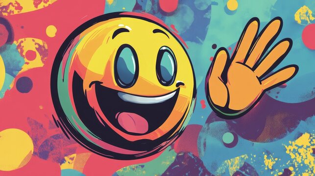 Colorful 2D cartoon rendering featuring an emoji waving goodbye inside a vibrant speech bubble