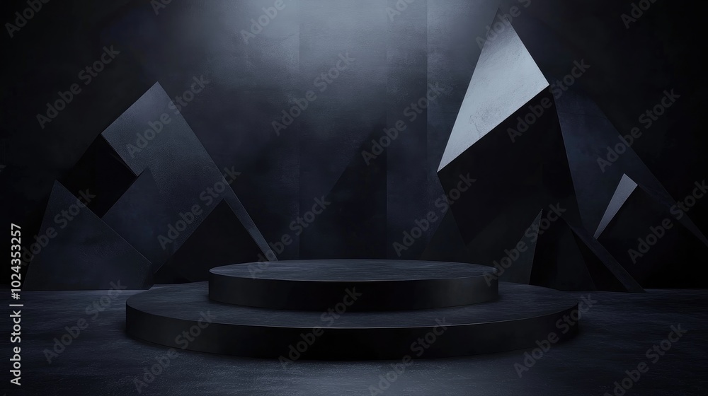 Poster 3D rendered black geometric display platform with a dark backdrop