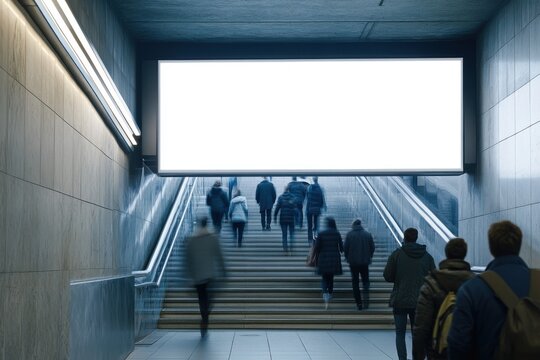 Blank billboard in subway station with people on stairs