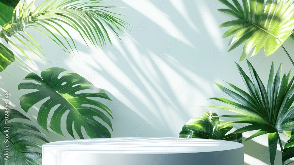 Aufkleber 3D render of a podium display against a light pastel background featuring shadows cast by lush green tropical leaves This abstract organic setting is ideal for promoting wellness products spa trea