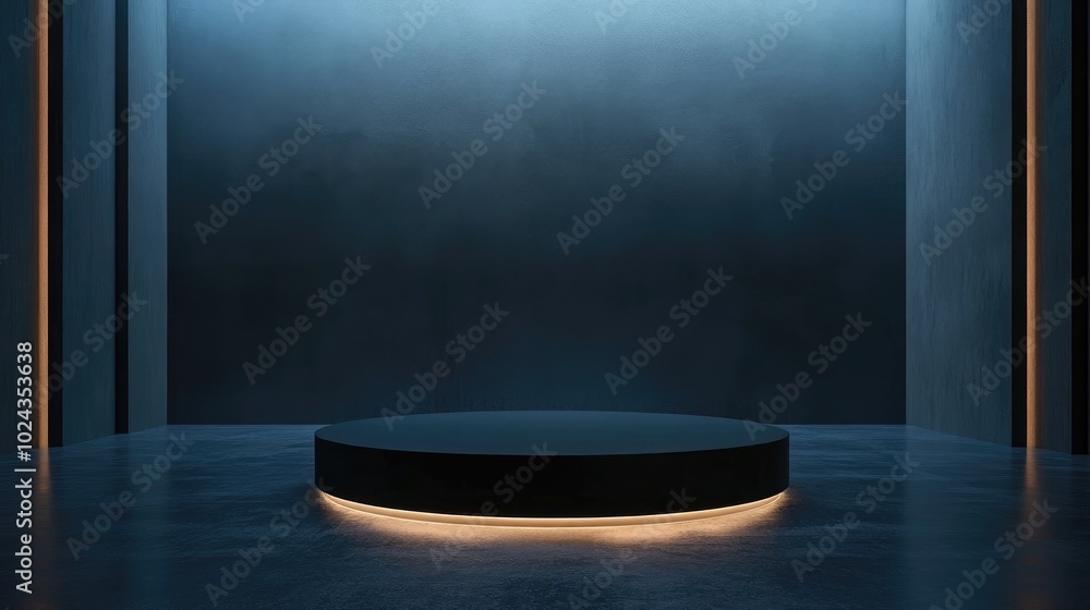 Poster 3D rendering illustration for promotional use Display stand set against a dark backdrop A solitary illuminated black podium Unoccupied display area