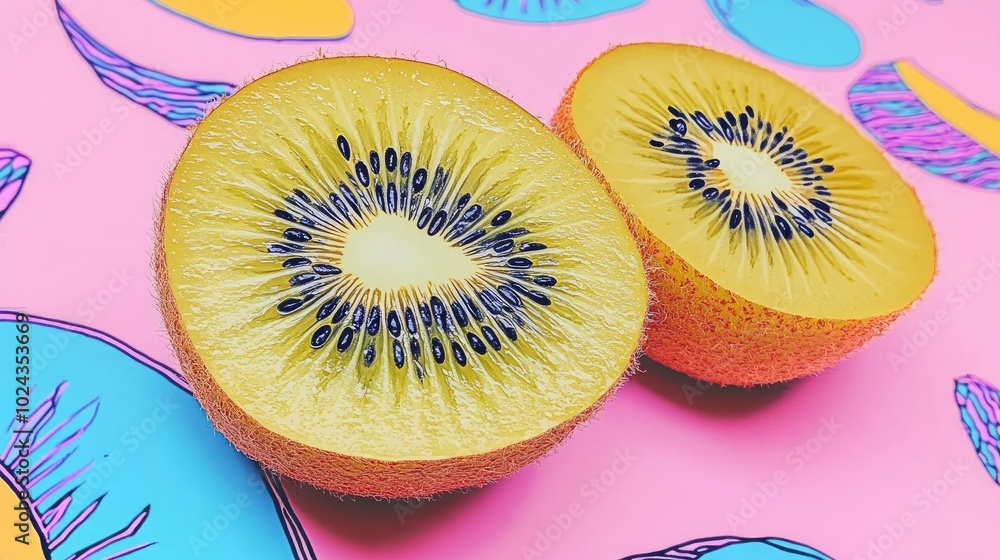Poster close up of sliced kiwi showing seeds