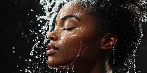 Fototapeta premium Fashion commercial advertisement. Side profile Radiant natural skin black woman with water
