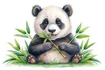 Sweet and simple watercolor painting of a kawaii panda munching bamboo